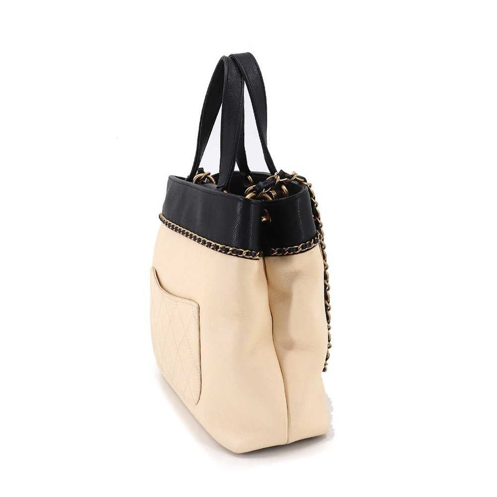 CHANEL 2way hand chain shoulder bag caviar skin leather beige black Hand Shou... - Picture 3 of 10